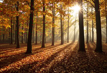 An Autumn scene with yellow and orange colored leaves on the ground and on the trees.
