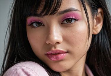 A girls face wearing make-up and with black hair