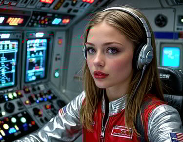 A woman wearing space uniform sitting at the controls in space ship.