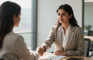A professional South Asian woman in business attire shaking hands with a client in a modern, sunlit meeting room. The style is clean, sophisticated, and radiates trust and efficiency.