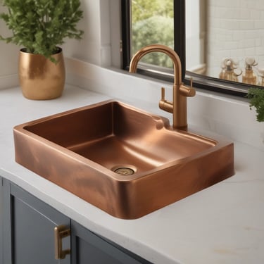 Modern copper vessel sink with a matching brushed gold faucet on a white marble vanity countertop.