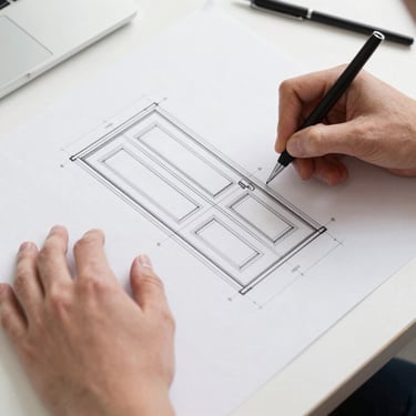 Yangın kapısı teknik çizimi üzerinde çalışan mimar eli