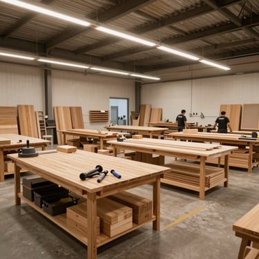 Yangın kapısı üretim atölyesi, ahşap işleme tezgahları ve çalışan ekip