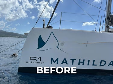 Yacht emergency repair at anchorage, before repair