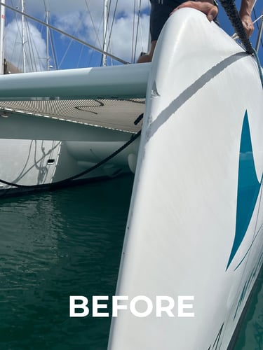 Yacht emergency repair at anchorage, before repair