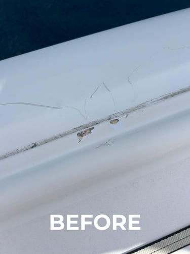 Yacht emergency repair at anchorage, before repair