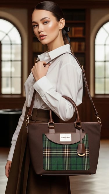 Mahasiswi bergaya dark academia membawa tas SIGNIFO bermotif tartan di lingkungan kampus.