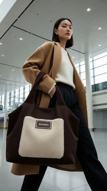 Seorang wanita di bandara membawa tas tote besar dengan detail shearling sebagai aksesori travel yang mewah.