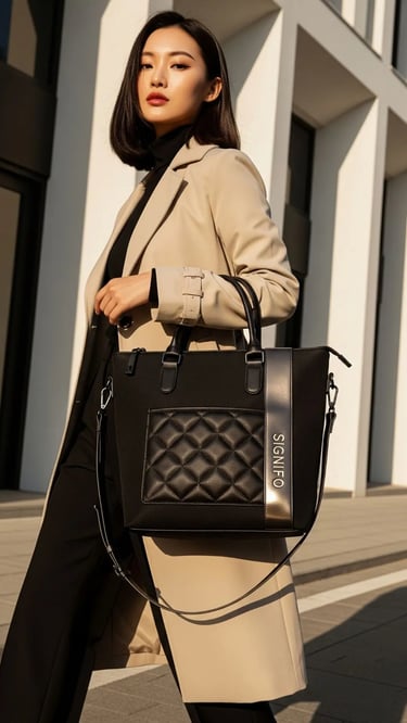 Wanita dengan gaya urban modern membawa tas tote hitam SIGNIFO yang terstruktur.