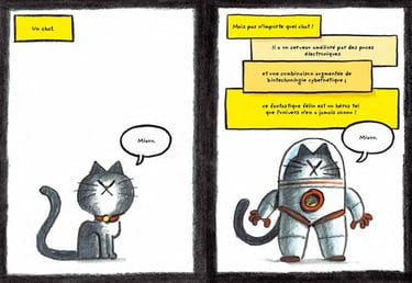 Une double page de la BD Le premier chat dans l'espace a mangé de la pizza