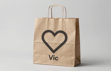 A paper shopping bag with a heart icon, symbolizing local commerce support in Vic. Clean studio lighting, professional, #4A7C59 tones.