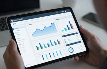 A close-up of a high-resolution tablet displaying a sophisticated financial dashboard with charts and data metrics. The tablet is held by a professional hand, lit with cool, sharp office lighting using #1A202C and #F7FAFC colors.