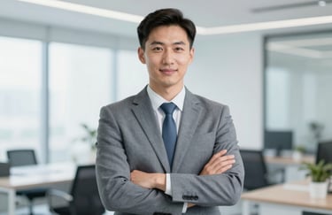 A portrait of a confident professional consultant in a sharp suit, standing in a brightly lit modern office. The style is clean and professional, with a palette of #A0AEC0 and #F7FAFC to emphasize deep expertise.