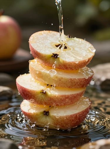 Macro shot of fresh apple slices falling into mountain-clear water, emphasizing the purity of the Alpflow ingredients.