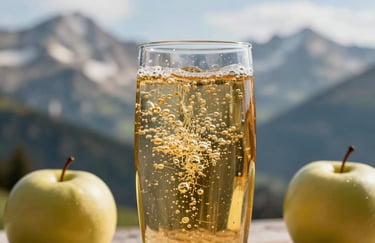 A refreshing glass of sparkling golden apple juice with bubbles rising, set against a blurred background of the Swiss Alps peaks.