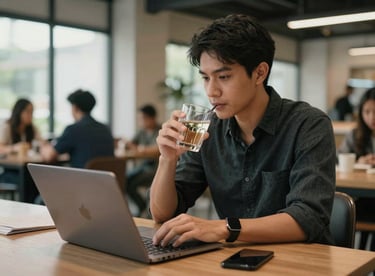 A professional in a high-end Southeast Asian / Thai co-working space having a glass of Alpflow while working on a laptop.