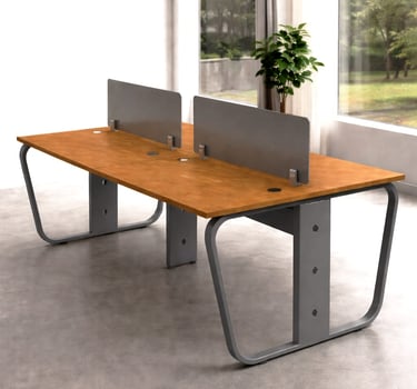 Modern 4-person wood workstation with privacy dividers and metal legs in an office.