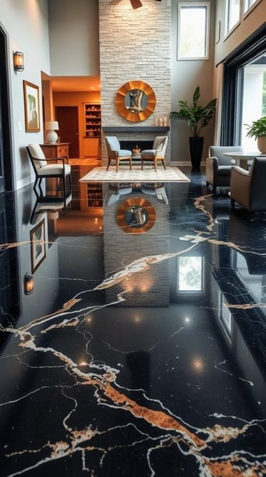 Luxury living room featuring polished black marble flooring with gold veining and a modern stone fireplace.