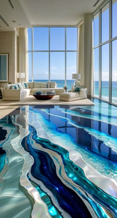 Luxury living room featuring a stunning blue resin epoxy floor with ocean-inspired 3D wave designs.