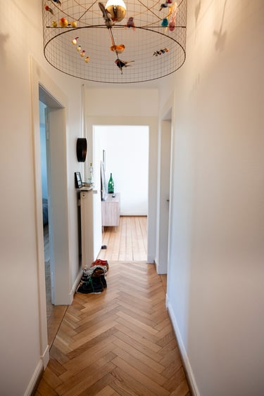 couloir distribuant les pièces d'un appartement chaleureux avec luminaire Suspension Volière de Mathieu Challières