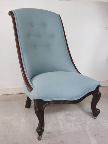 Victorian nursing chair with new traditional upholstery and pale blue linen fabric