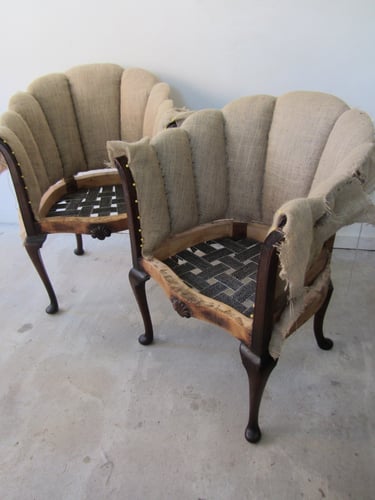 Pair of antique fluted back cocktail chairs with new traditional upholstery