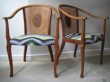 Pair of bergere back open armchairs, with new upholstered seats and covered in a contemporary fabric by Timorous Beasties