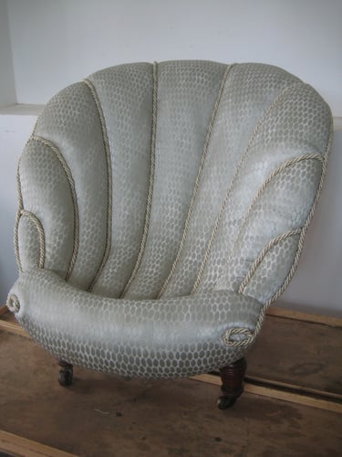 Antique shell back chair with new traditional upholstery and an oyster coloured satin fabric