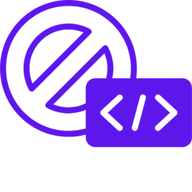 Purple no-code icon featuring a prohibition symbol and script brackets on a black background.