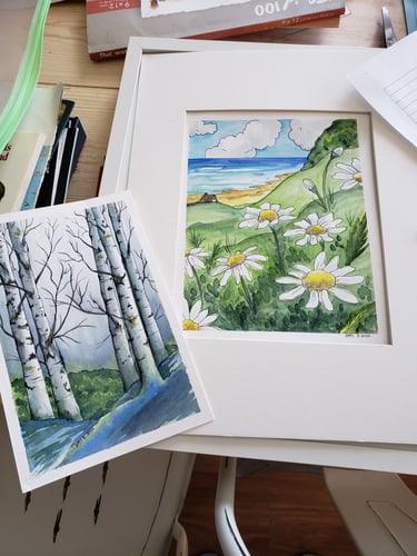 Watercolor of birch trees and daisies