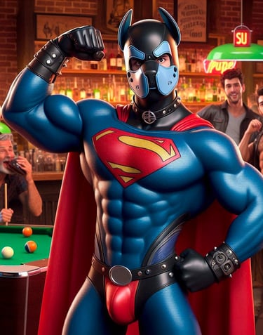 Digital ai rendering of a man in pup mask and Superman costume.