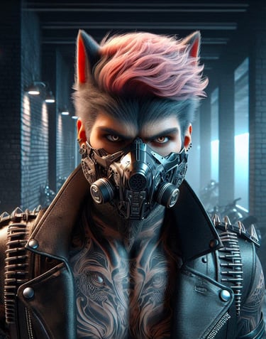 Digital ai portrait of a punk werewolf in a techno breather mask.