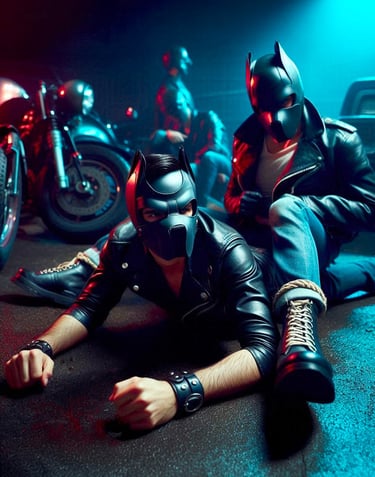 Digital ai image of two bikers in leather jackets and pup masks lying in the street by their motorcycles.