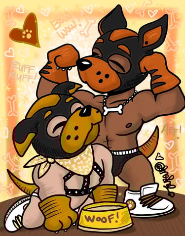Two men in pup masks and gear flexing and posing.