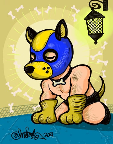 Cartoon of a man in a mpup mask and tail on his knees.