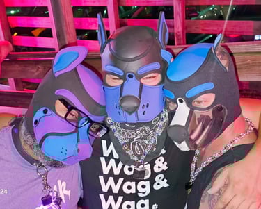 A three men posing in a pup masks.