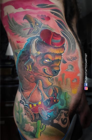 tatuaje bisonte en carruaje newschool color Barcelona punkotattooartist