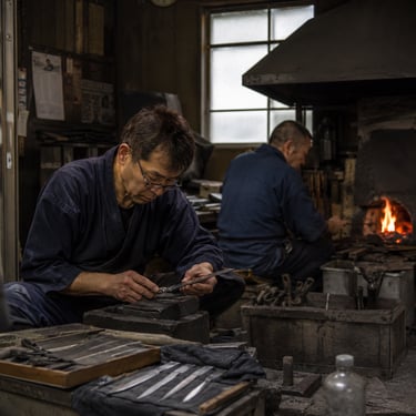 Japanese blacksmiths forging handmade kitchen knives in a traditional workshop with a hot forge.