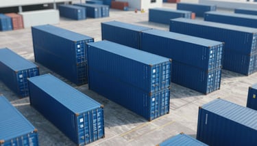 An aerial view of a symmetrical, modern container terminal at a port, emphasizing order, efficiency, and scale.