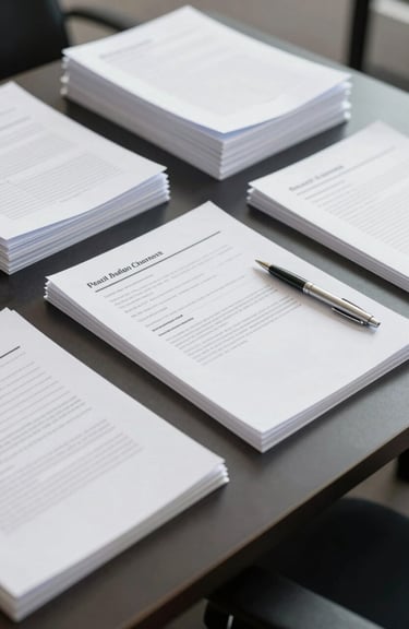 Clean, organized stacks of shipping documents and a silver pen on a designer desk, representing legal clarity and documentation.