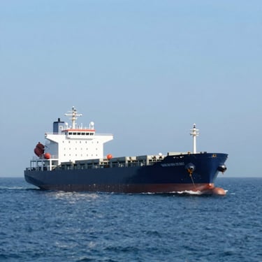 A detailed shot of a cargo ship sailing across a calm ocean under a clear sky, symbolizing safe transport, with a palette of blues.