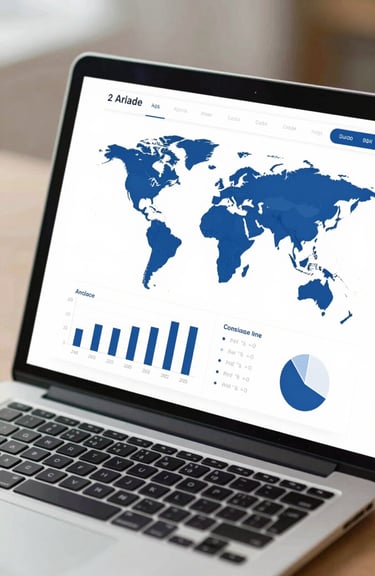 A close-up of a professional desk with a laptop displaying international trade charts and a world map, featuring brand colors #0F1E3D and #8DAFD8.