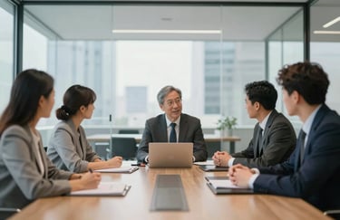 A business meeting in a modern, glass-walled boardroom in Buenos Aires, soft natural light, minimalist and trustworthy vibe.