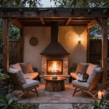 Cozy outdoor patio with a stone fireplace, wood pergola, comfortable lounge chairs, and a cat.