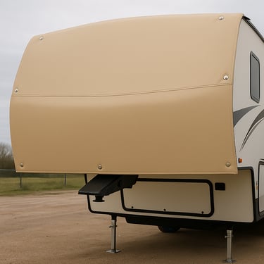 Tan vinyl protective front cover installed on a parked fifth-wheel travel trailer for RV rock guard protection.