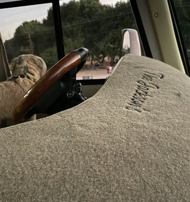Golden dog looking out the window of a motorhome with a custom carpeted dash cover.