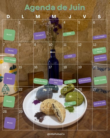 Calendrier de juin de Mlle Potts & Co, sur fond de photo avec une assiette de cookies colorés.