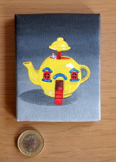 Big Yellow Teapot miniature painting on canvas with coin for scale