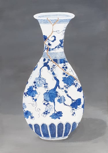 Chinese vase with kintsugi in acrylic and gold leaf, by Mandy Garratt