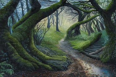 Along The Wooded Path, woodland fantasy painting by Sussex artist Darren Slater